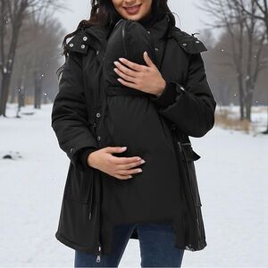 NWT Maacie Maternity Winter Warm Hood Jacket Fleece Lined Outwear Black Coat XL